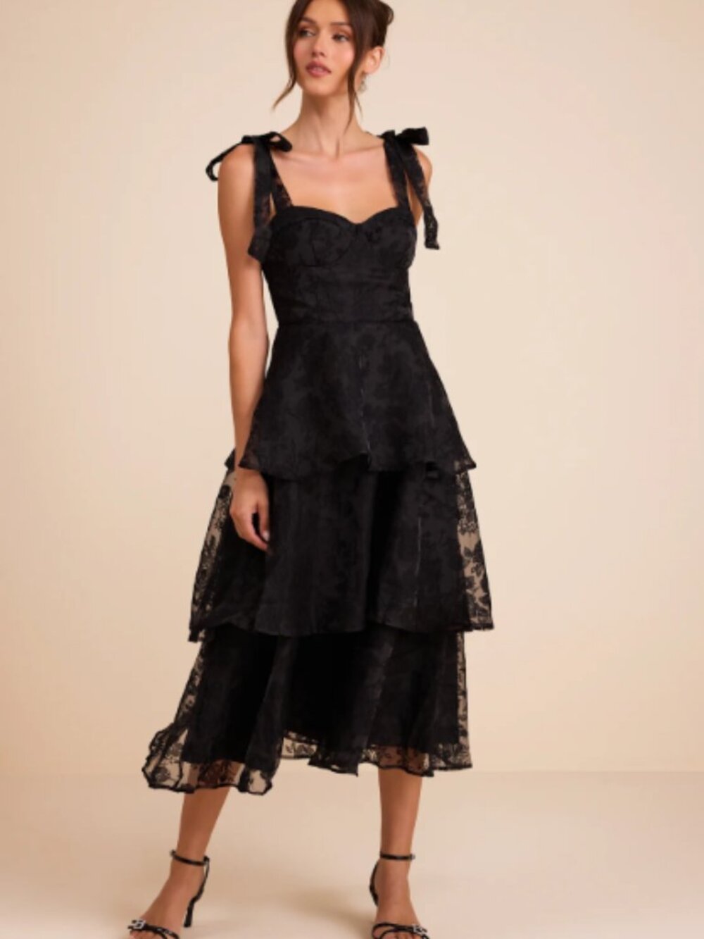 Lulus Glamorous Sweetie Dress NWT Women L Black Burnout Midi Bustier Tiered